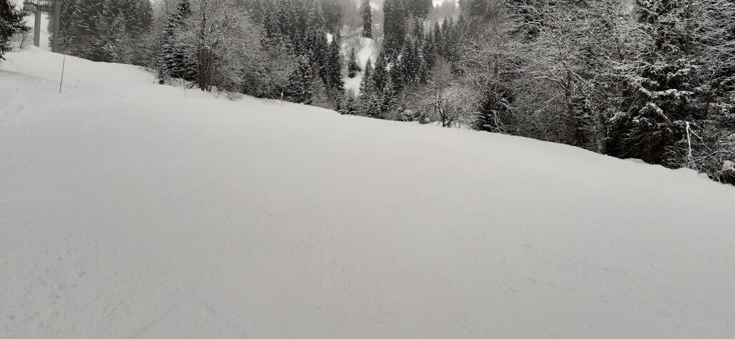 Blick zurück ins "steile".<br />Danach bin ich dann über die rote Adrien Duvillard Sr. zurück in den Megève Sektor gefahren. Bilder habe ich keine mehr gemacht Aufgrund Nebel. Ich habe mich dann noch auf den Pisten rund um Rochebrune rumgetrieben bis zum Betriebsschluss. Trotz Schneefall den ganzen tag über gab es keine Buckel auf den Pisten und man konnte sie entspannt runter carven wenn die Sicht es zu lies.
