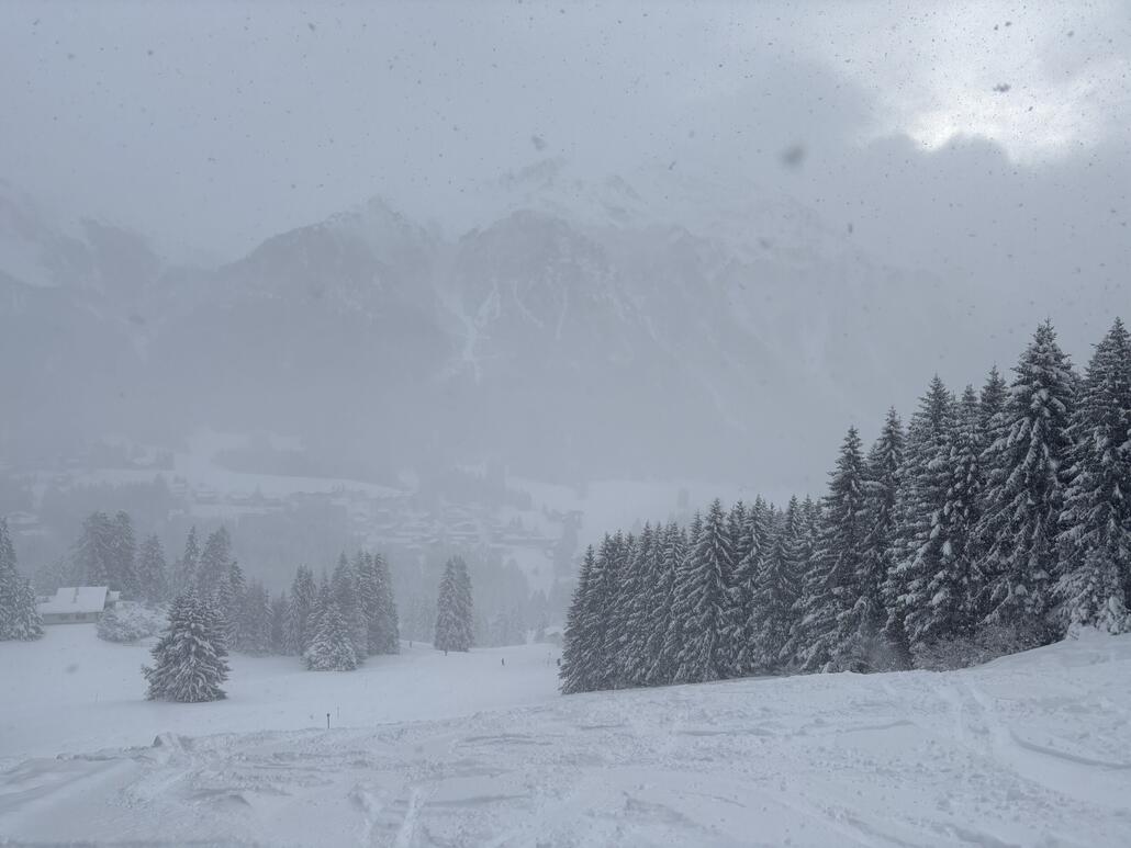 Morgens am Crestas drückte kurzzeitig sogar die Sonne durch, bevor es wieder zu schneien begann.