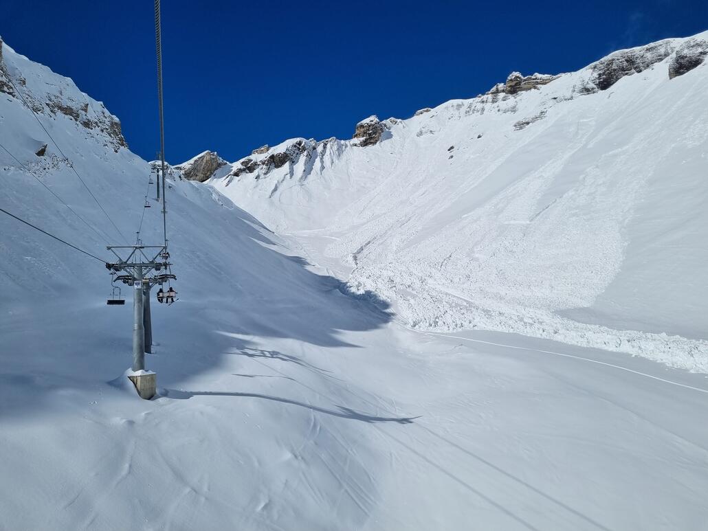 ...oberer Teil jedoch wegen Lawinen geschlossen. Daher mussten alle nach Ausstieg an der Bergstation links herum, also verbuckelte es dort schnell.<br />Ich stieg stattdessen 2x an der Mittelstation aus