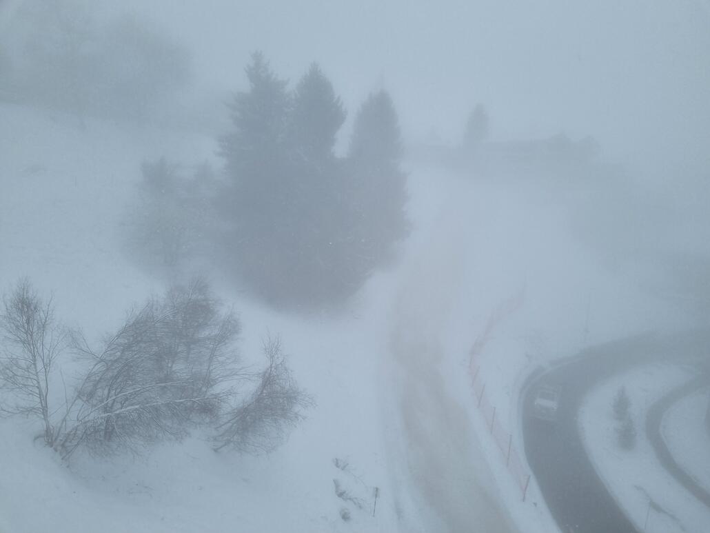 Unten morgens noch Nebelsuppe. Die braunen Stellen der Talabfahrt sind etwas überdeckt