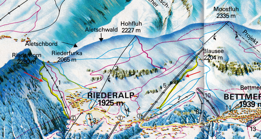 Genau. Statt den gelben Pisten war hier bereits einmal eine schwarze Piste. Übrigens würde ich mir auch die schwarze Piste vom Blausee (Chüestall) wieder her wünschen.