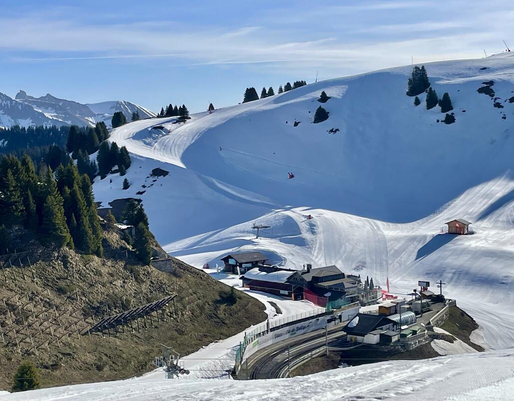 Blick nach Bretaye, es ist klar ersichtlich wo Süd-, Ost und Westhang liegt. Die Pisten gegenüber kommen folglich am Nachmittag zum Zug.