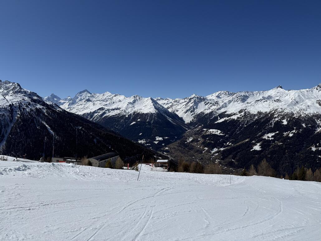 Auf der Seite von St-Luc firnen die Pisten schön auf. Da wenig los, keinerlei Buckel!