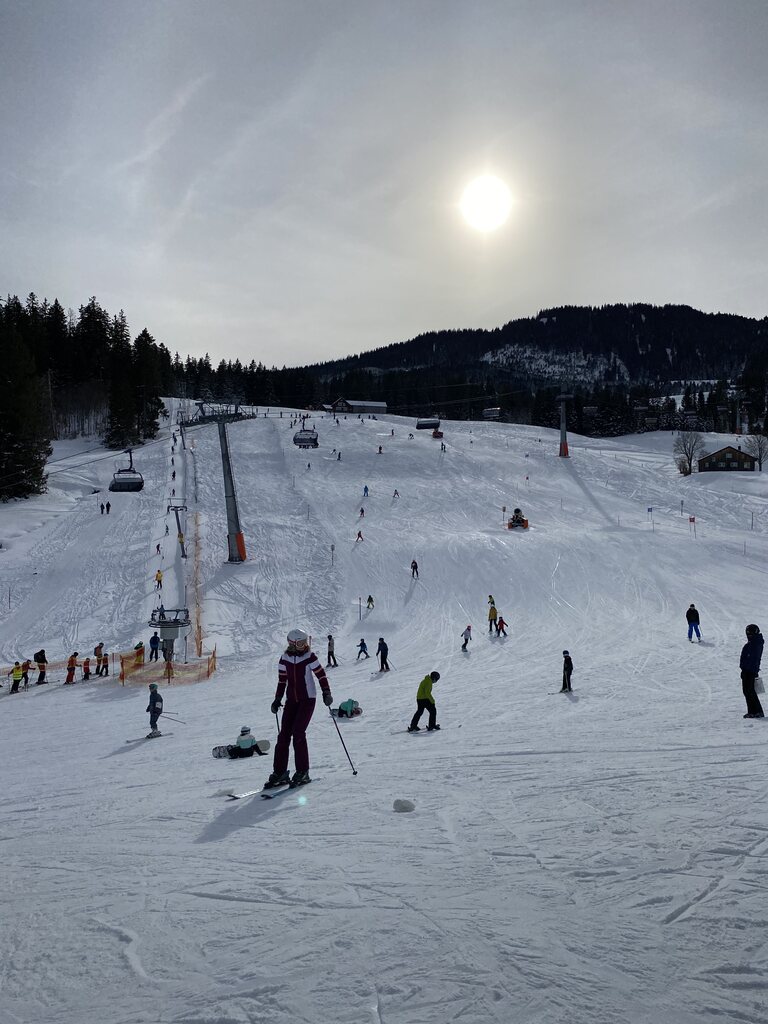 Schlusshang der blauen Nr.5 mit dem sehr Kinderfreundlichen 6er Sessel und dem Tellerlift. Zimliches Gewusel den ganzen Tag