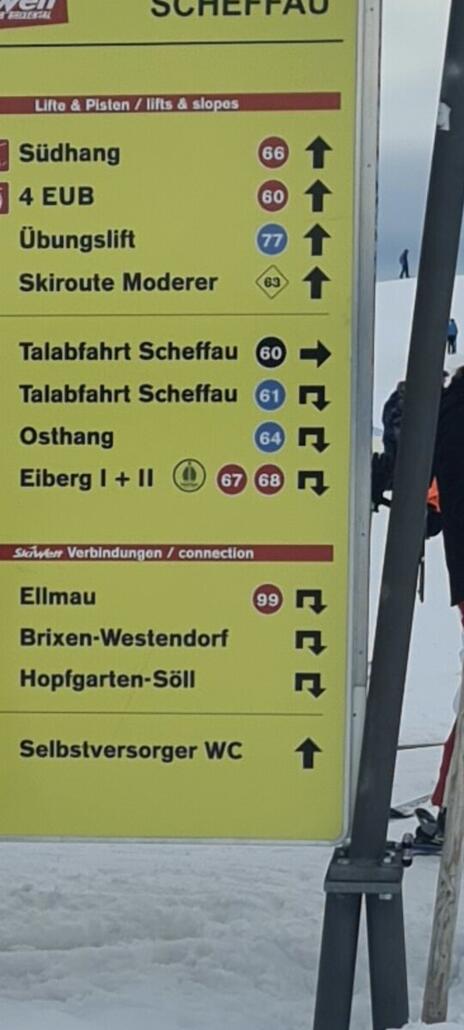 Komische Pfeile für zurück? Viele stehen fragend vor der Tafel. Keine Pistenmarkierung in Sichtweite