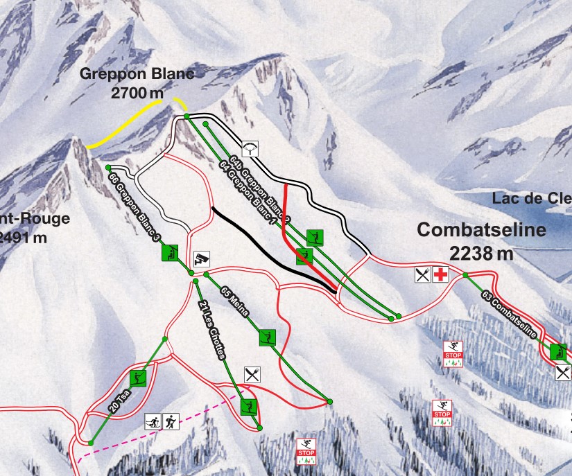 Ungefährer Verlauf der beiden anderen Pisten des Greppon Blanc, die nicht auf dem offiziellen Plan erscheinen.