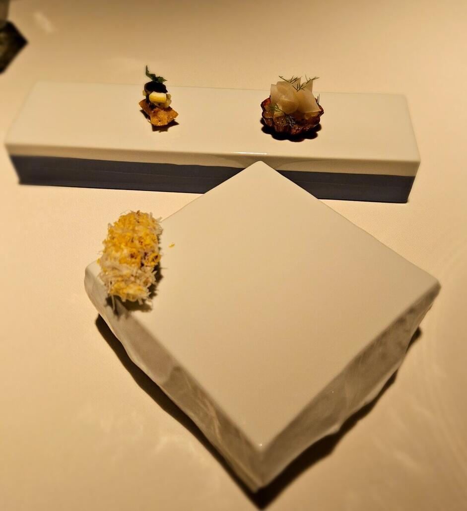 Appetizer 1: Schnitzel, zweierlei Saibling, komprimierter Cesar's Salad