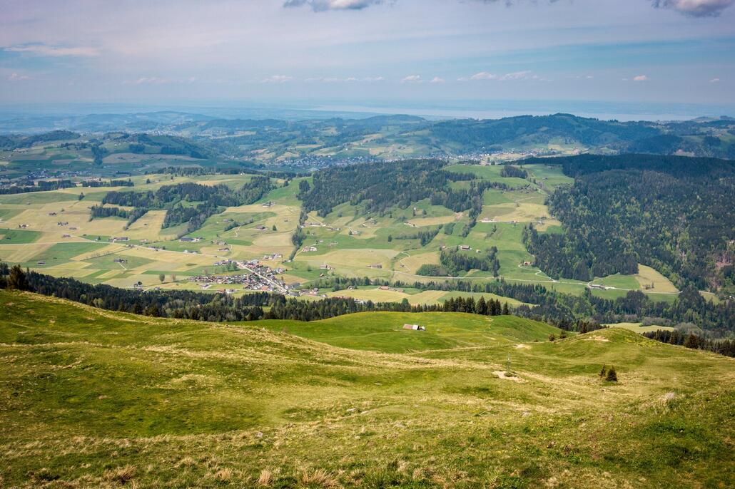 Oben auf dem Gipfel erschliesst sich dann der Blick in Richtung Bodensee (hier in Richtung Konstanz).
