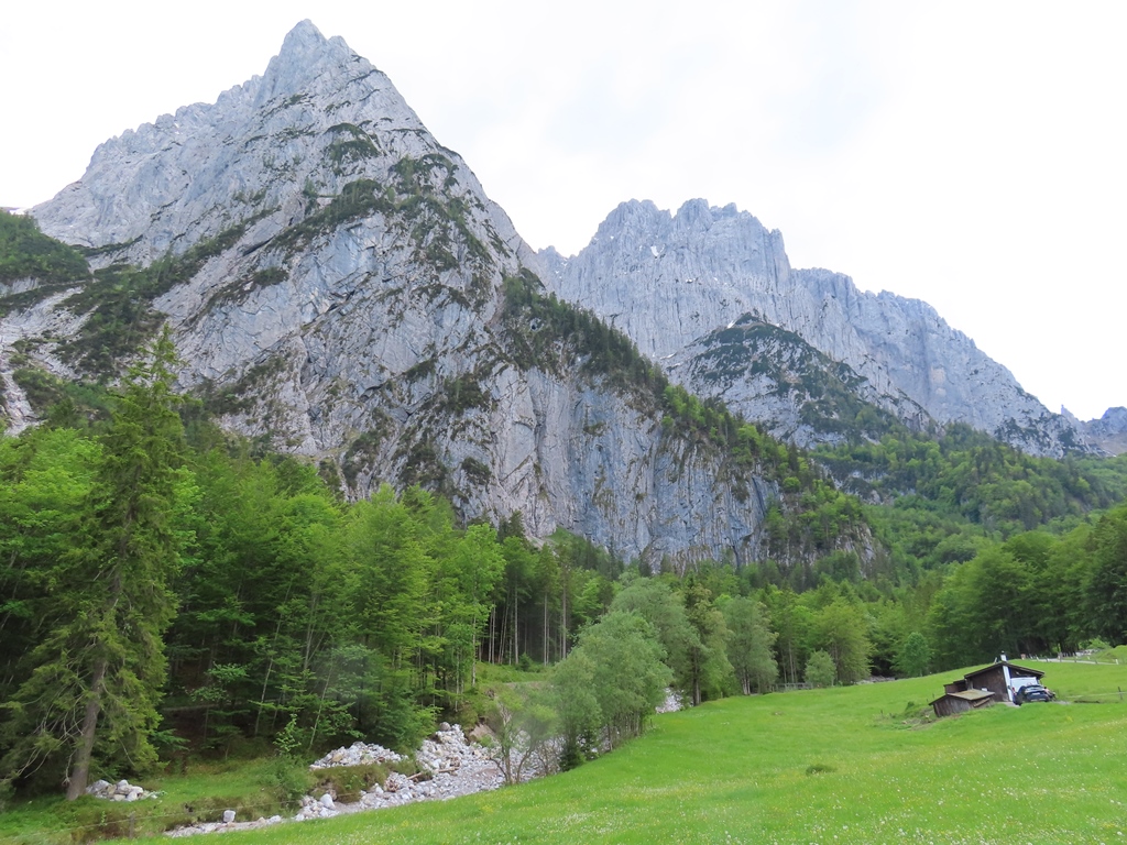 Blick auf die Felswände, aufgenommen etwas unterhalb der Griesner Alm. Da das Wilde Kaiser - Massiv so unübersichtlich ist, kann ich keine einzelnen Gipfel identifizieren.