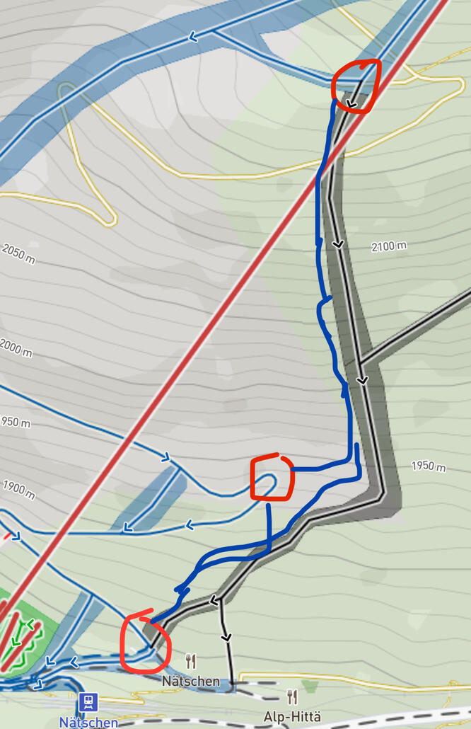 Rot=Bestehende Anschlüsse<br />Blau=Mögliche Mobile Rohre