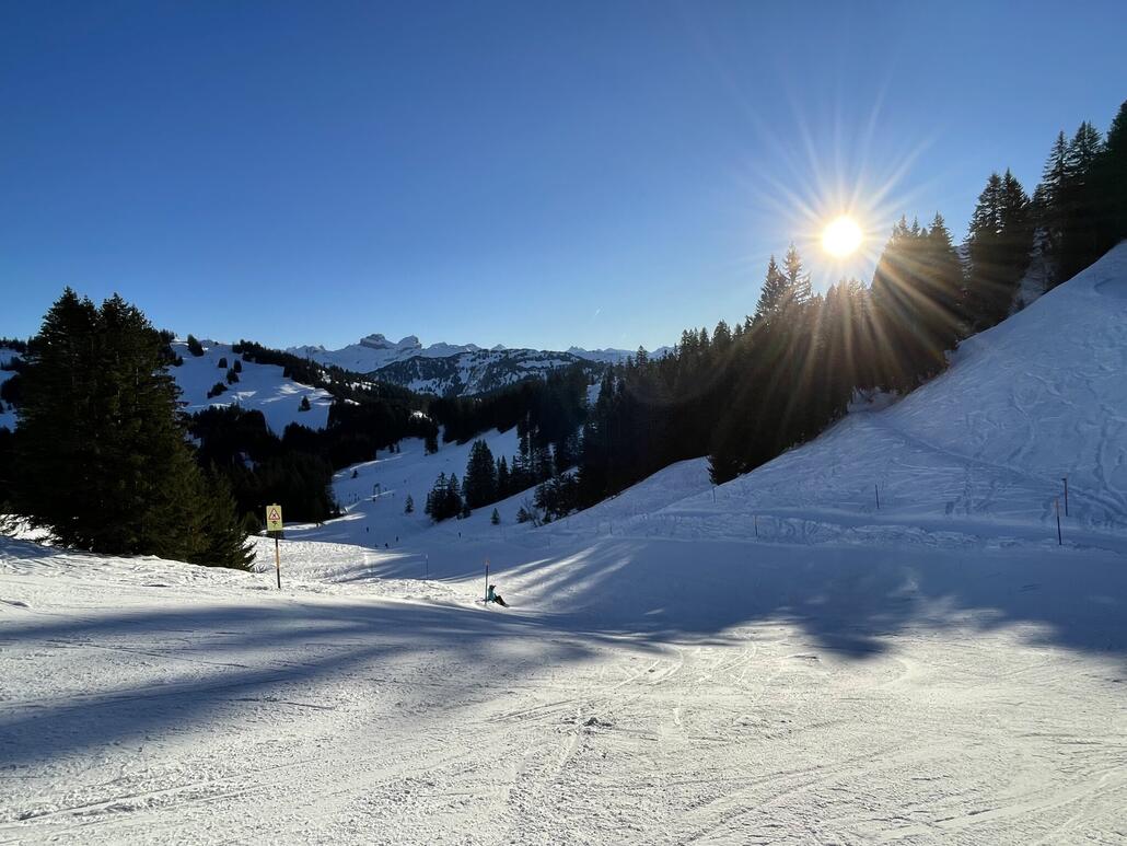 Tolle Pistenpräparierung und Schneequalität am morgen. Hier beim SL Holzegg Ost. Oben bei der Abfahrt von der Rotenfluh hat es jedoch einige Steine (Piste Nr 34) zum Glück nur einmal durchmüssen.