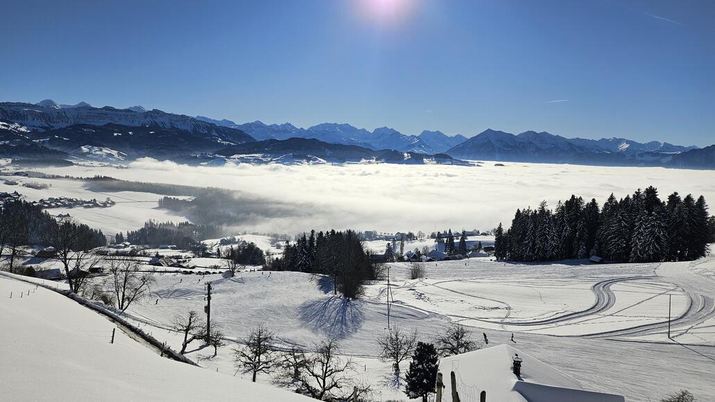 Geschafft! Blick zur Piste vom Heimenschwand Skilift
