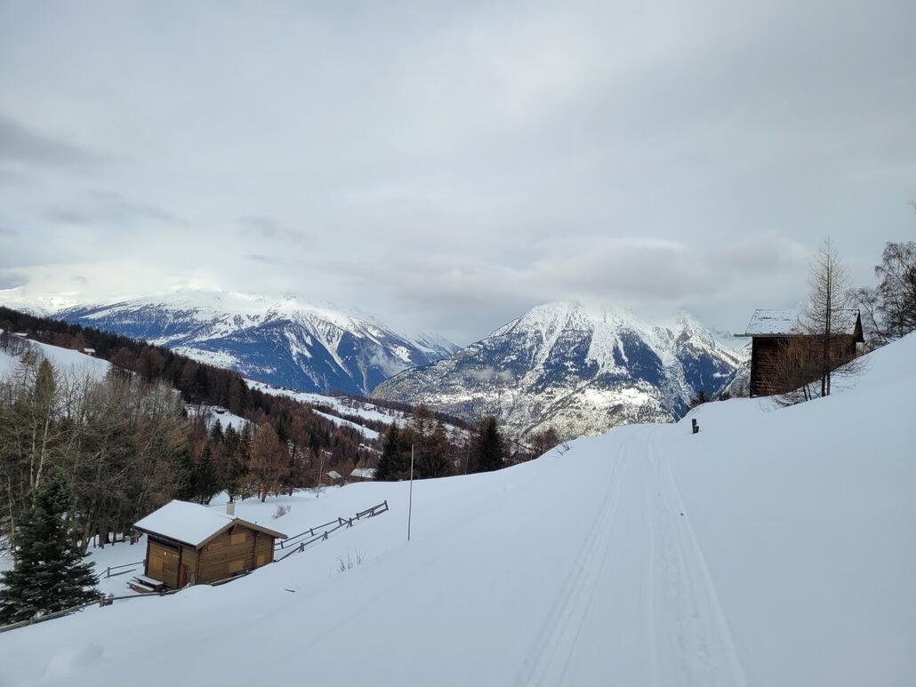 Der Ziehweg nach Unterbäch ist bei dem Schnee natürlich grausig, das war mir aber vorher bewusst. Am Sessellift angekommen der Schreck: Die Bahn läuft nicht.