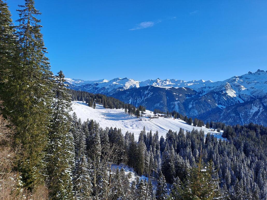 Unterwegs hat man Blick auf den Grotzenbühl, den Dreh- und Angelpunkt des Skigebiets.