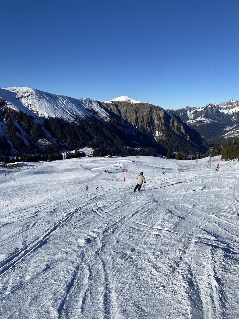 Links die blaue 12, sie führt zum Skilift Hasler, rechts der Beginn der roten 8 sie führt zur Sesselbahn Wallegg bei dem man in der Mitte umsteigen muss.
