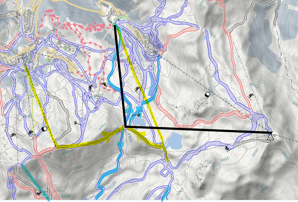 Gelb: Zufahrten zur Mittelstation, Blau: Abfahrten von der Mittelstation