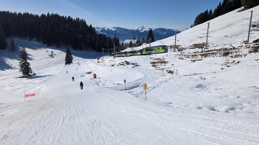 Die besagte Zahnradbahn von Villars nach Bretaye. Interessant dass es die überhaupt gibt, denn oben ist Endstation und es gibt ja auch die Gondelbahn Villars-Roc d'Orsay