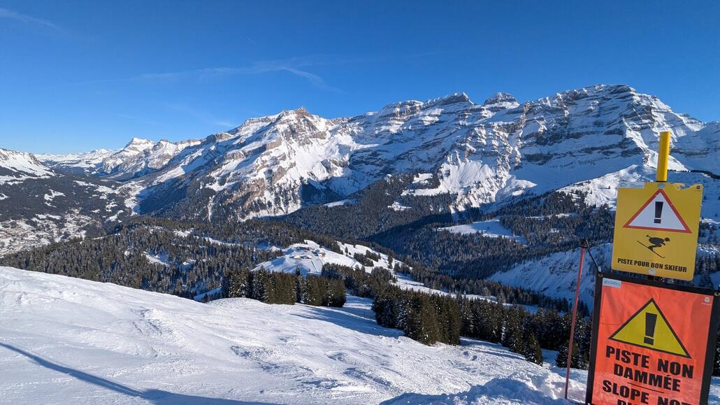 Nach erneuten Fahren des Verbindungslifts dann hier oben bei der TSD Laouissalet-Meilleret. Die direkte Piste nach Les Diablerets ist nicht präpariert, französisch eben. Aber macht trotzdem Spaß zu fahren! Lieber so als eine eisige präparierte schwarze Abfahrt!