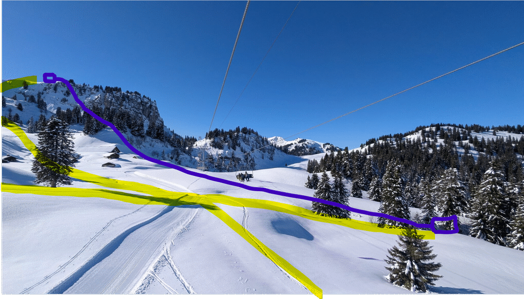 Bei den Hütten mitten bei der aktuellen Verbindungsbahn - Eingezeichnet die sich kreuzenden Pisten und die zweite Sektion der Verbindung Les Diablerets  nach Les Villars