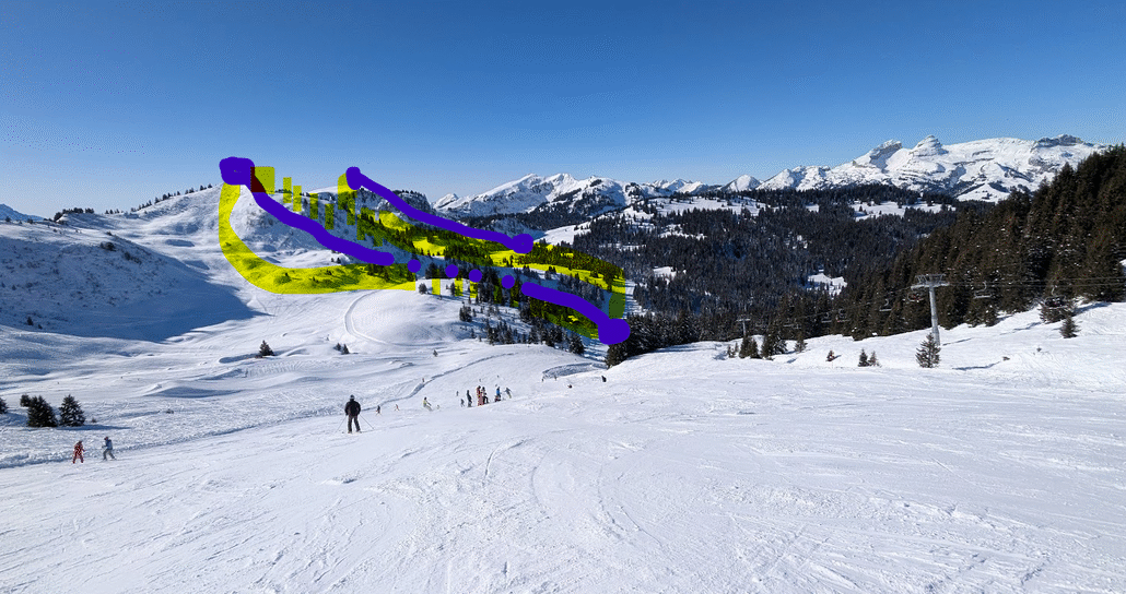 Blick vom Meilleret aus nach Les Villars. Eingezeichnet die neuen Pisten, im Vordergrund die Wiederholungspiste an der ersten Sektion. Dahinter die Pisten an der zweiten Sektion (siehe vorheriges Bild). Man erkennt auch gut, dass sogar schon eine Pisten breite Schneise im Wald am letzten Stück dieser Piste vor der Talstation TSD Laouissalet-Meilleret existiert. Ist die "natürlich"?