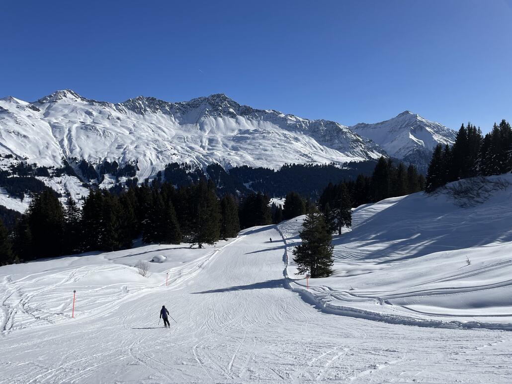 73a. Diese Abfahrt fahre ich sehr selten. Eigentlich schade, denn sie ist schön durch den Wald trassiert und eröffnet einem immer wieder tolle Ausblicke zur Rothornkette. Am Ende gibt es nur den Stätzertäli-Lift, um wieder hochzukommen. Das ist wohl der Grund, dass ich dort selten runterfahre. Denn ich fahre nicht allzu gerne mit dem Täli hoch. Irgendwie habe ich bei diesem Lift immer das Gefühl, es wäre verschwendete Zeit...