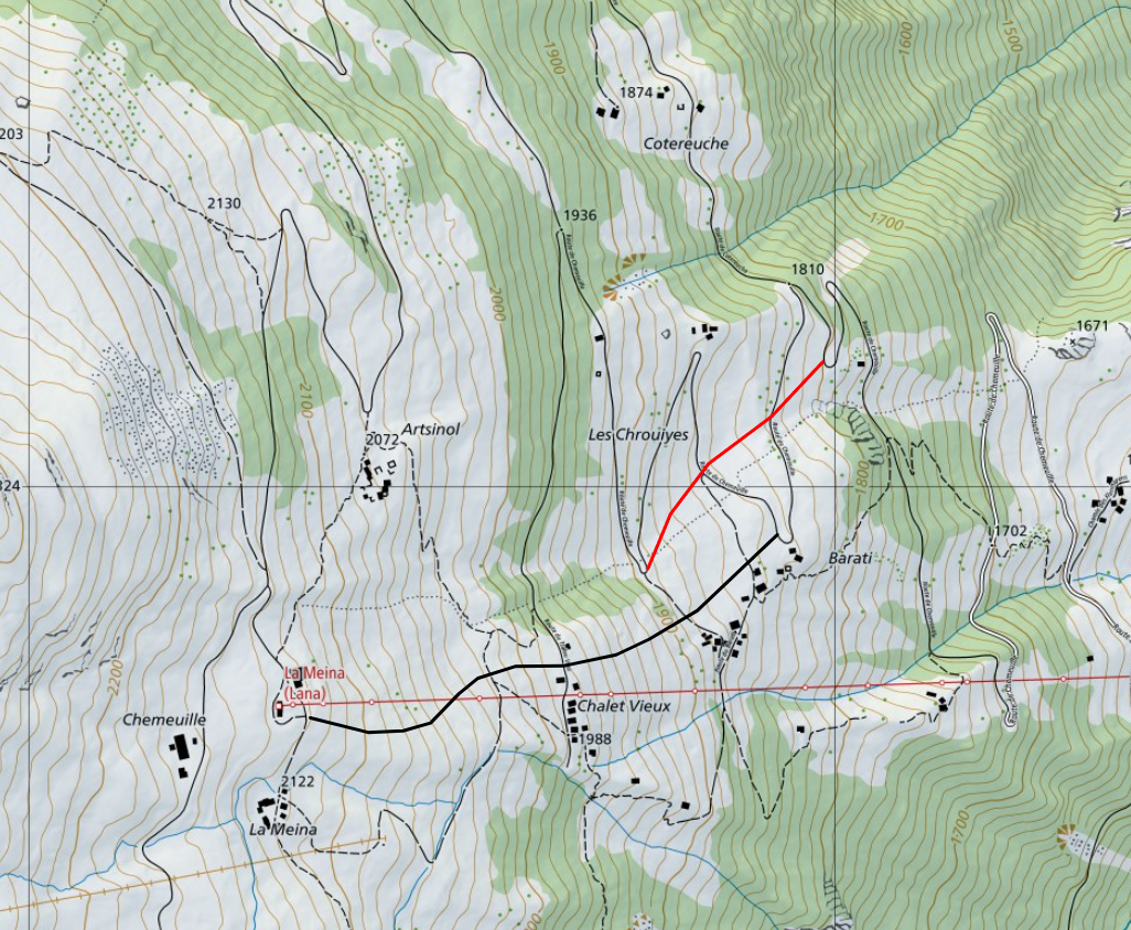 Die auf dem oberen Teil der Talabfahrt präparierten Pisten (map.geo.admin.ch)