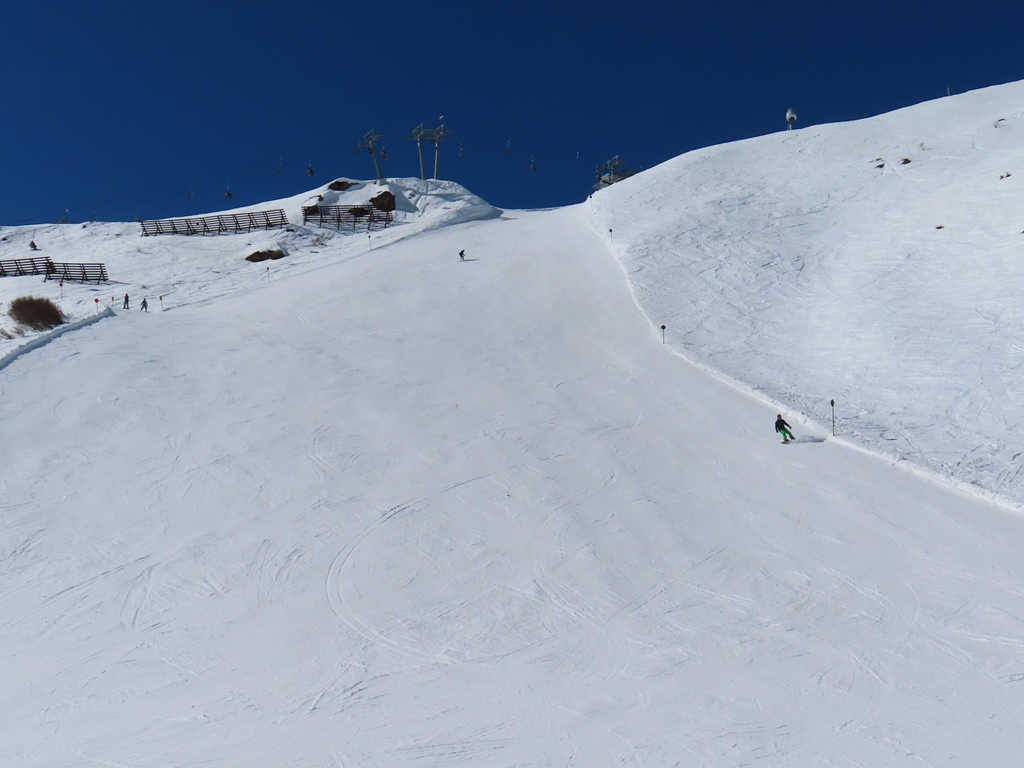 Bergwiesenabfahrt unterhalb der Bergsation der Doppelsesselbahl Gongall.<br /><br />Ich finde übrigens die Abfahrt über die Pisten 7, 7a, 6 und 3 die schönere Variante von der Bergsation der Alblittkopfbahn zur Tastlation der Gongallbahn als die Lattenabfahrt