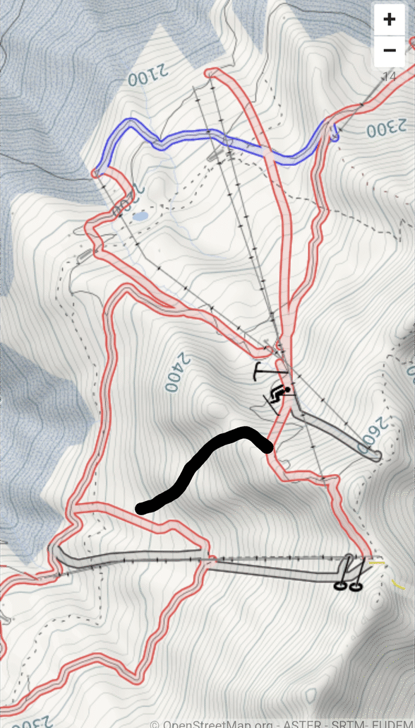 Inoffiziell präparierte Piste. Aber es reicht nicht um zur Bergstation der 4er Sesselbahn und damit der offiziellen Talabfahrt zu kommen.