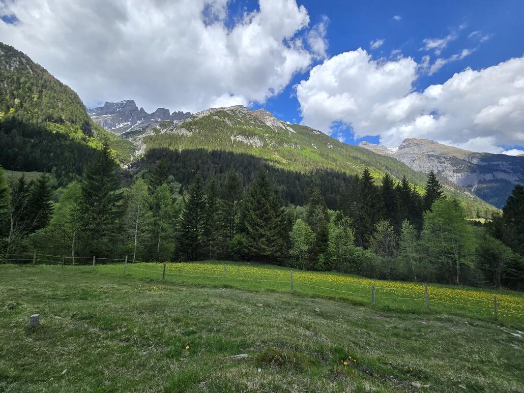 Unterwegs im Taminatal. Die Berge trohnen beidseitig majestätisch über dem Talgrund.