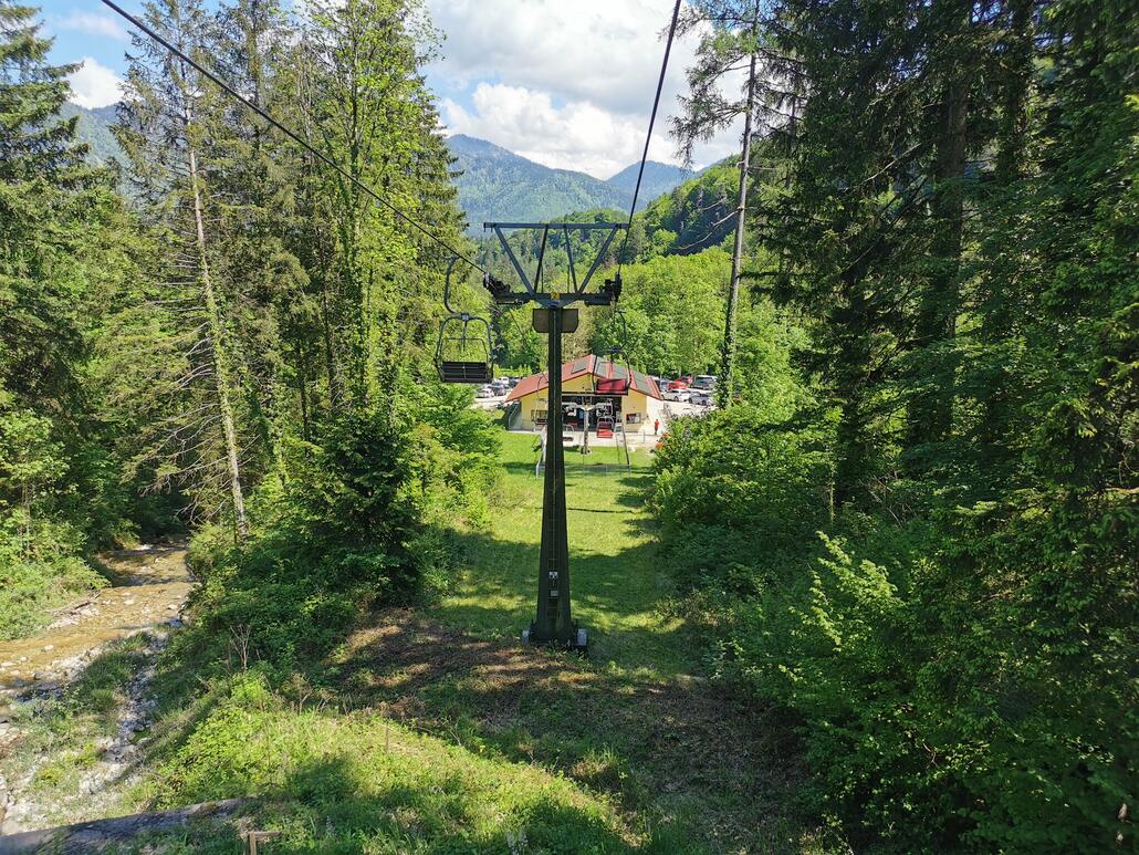 2. Blick zurück. Heute ist zeitgleich auch noch ein Ultramarathon. Der Parkplatz am Lift ist komplett voll.