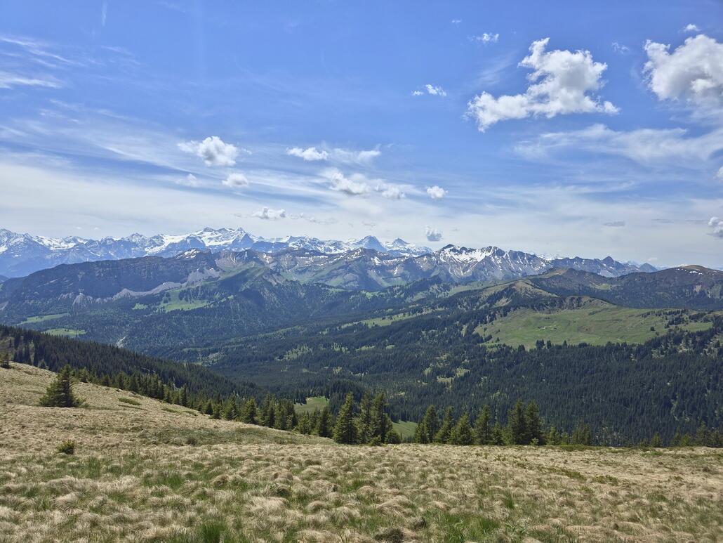 Blick übers Tal Richtung Brienzer Rothorn und die Berge des Berner Oberlands