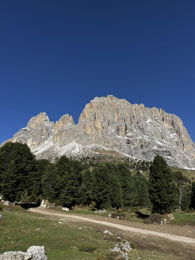 Am nächsten Morgen, Ausblick auf den mächtigen Sassolungo/Langkofel