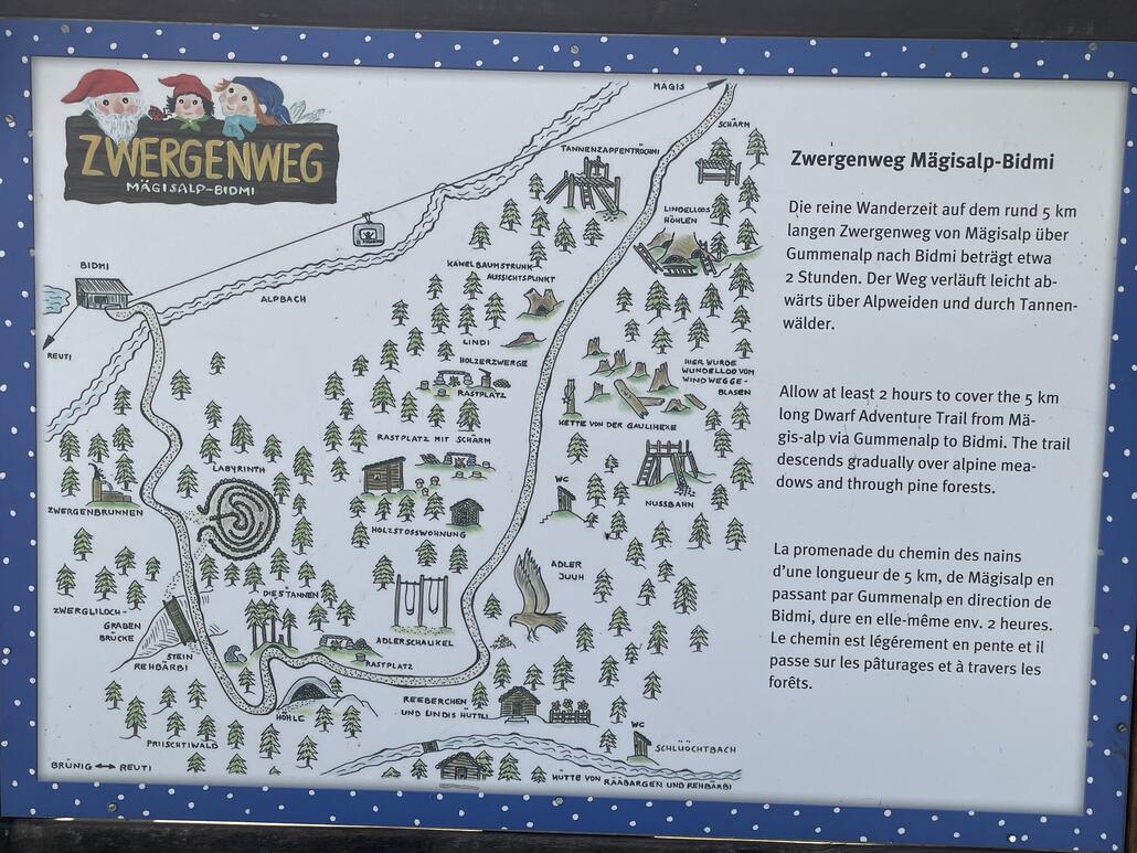 Wir laufen den Muggenstutz Zwergenweg, allerdings in umgekehrter Richtung von Bidmi nach Mägisalp. Spielt aber auch keine Rolle.