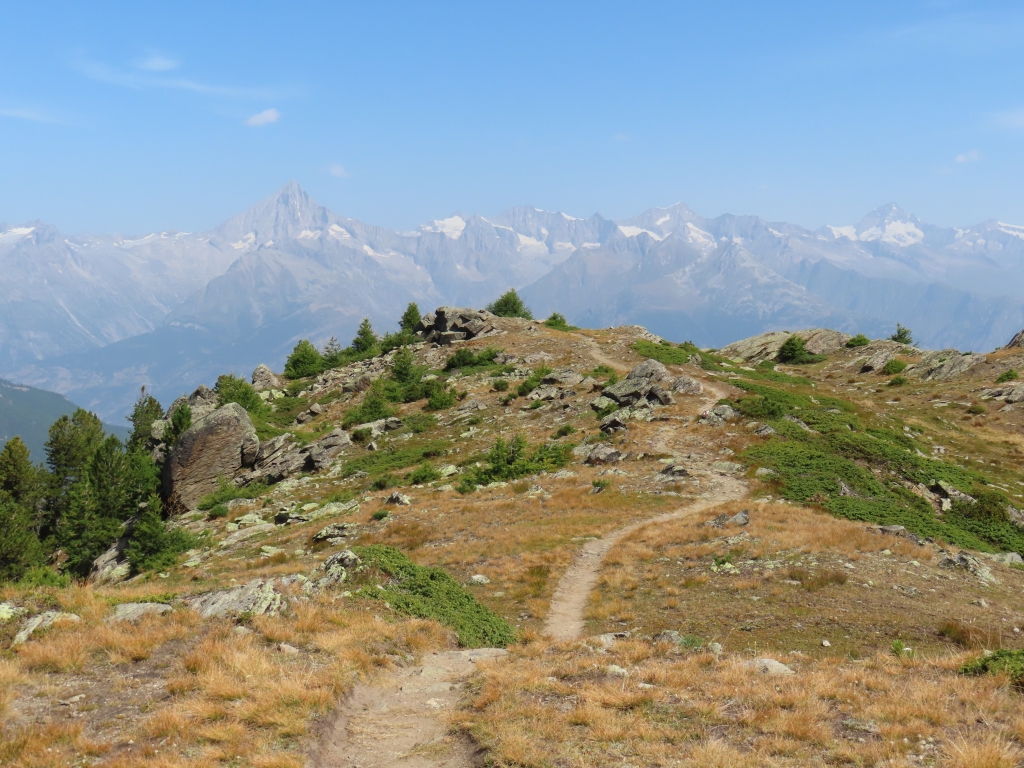 An dieser Stelle erreicht man den Grat. Hier der Blick nach Norden über das Wallis hinweg zu den Berner Alpen mit Bietschhorn und Aletschhorn im Dunst. Ab jetzt wird der Weg etwas anspruchsvoller