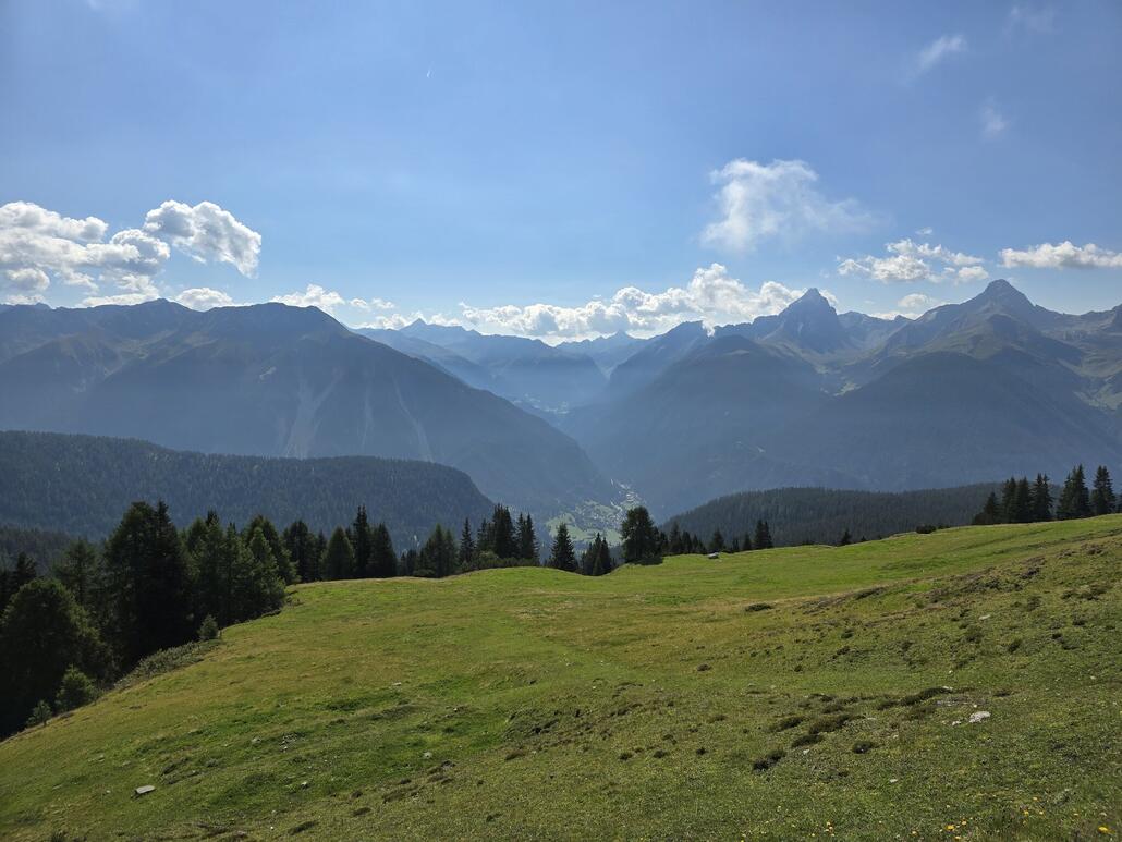 Weiter oben kommt man aus dem Wald, sodass sich das Albulatal in Richtung Bergün überblicken lässt.