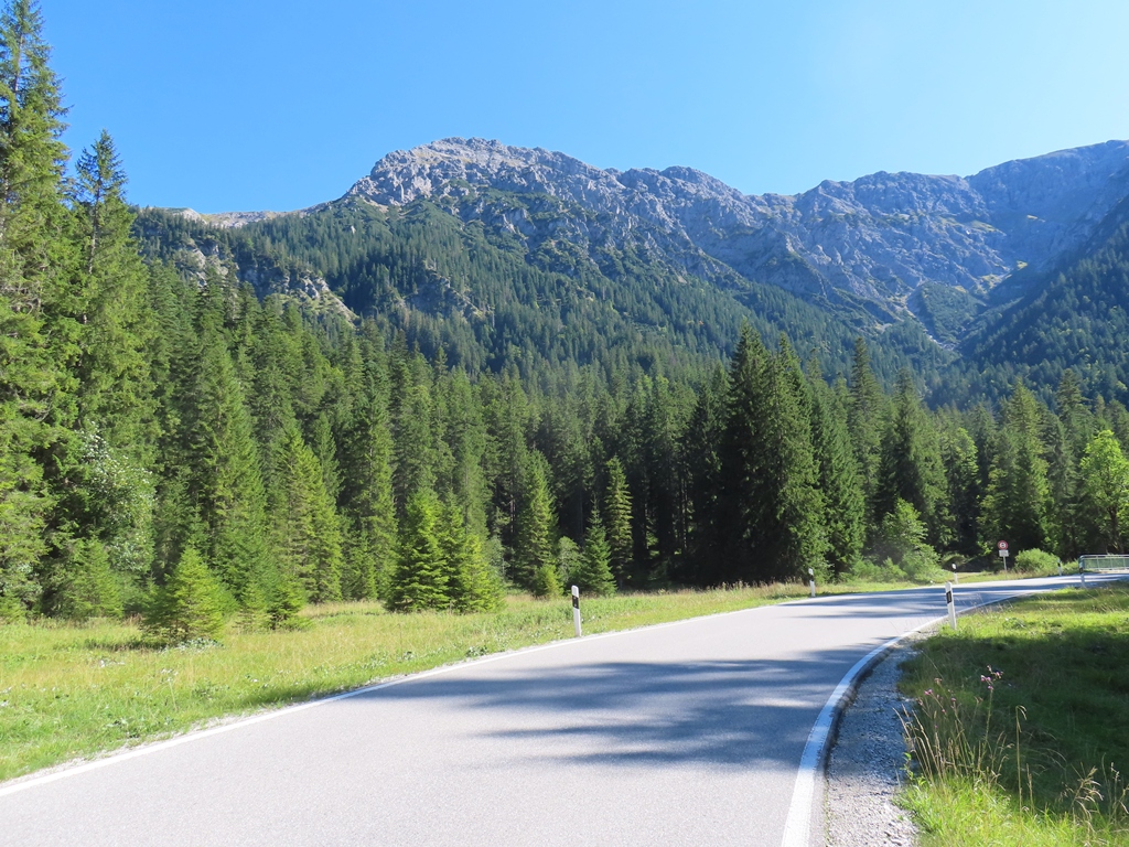 Auf dem Weg zwischen Schloss Linderhof und Plansee führt die Strecke die meiste Zeit durch den Wald, so dass man kein Panorama hier. Hier eine der wenigen Stellen mit etwas Aussicht. Das müsste die Kuchelbergspitze sein.