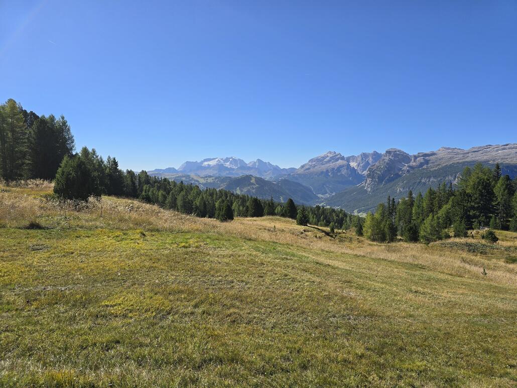 In die andere Richtung lassen sich von der Bank die Berge rund um die Sellagruppe erblicken