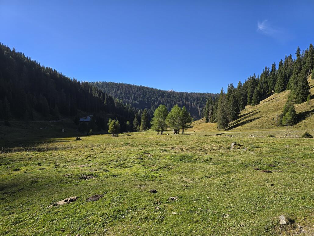 Angekommen bei der Silvesteralm. Noch sind die Dolomiten nicht zu sehen, das Tal ist aber auch durchaus hübsch.