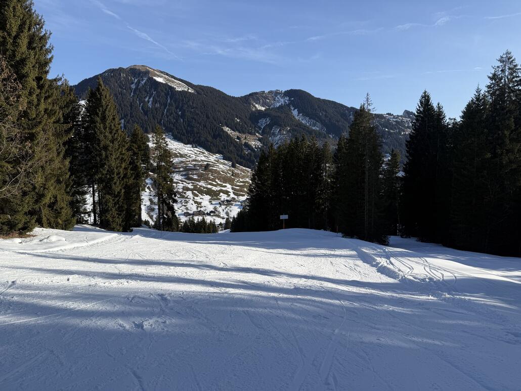 Erste kurze Abfahrt über die untere "Grossmutter" Piste zur Rossweid EUB.