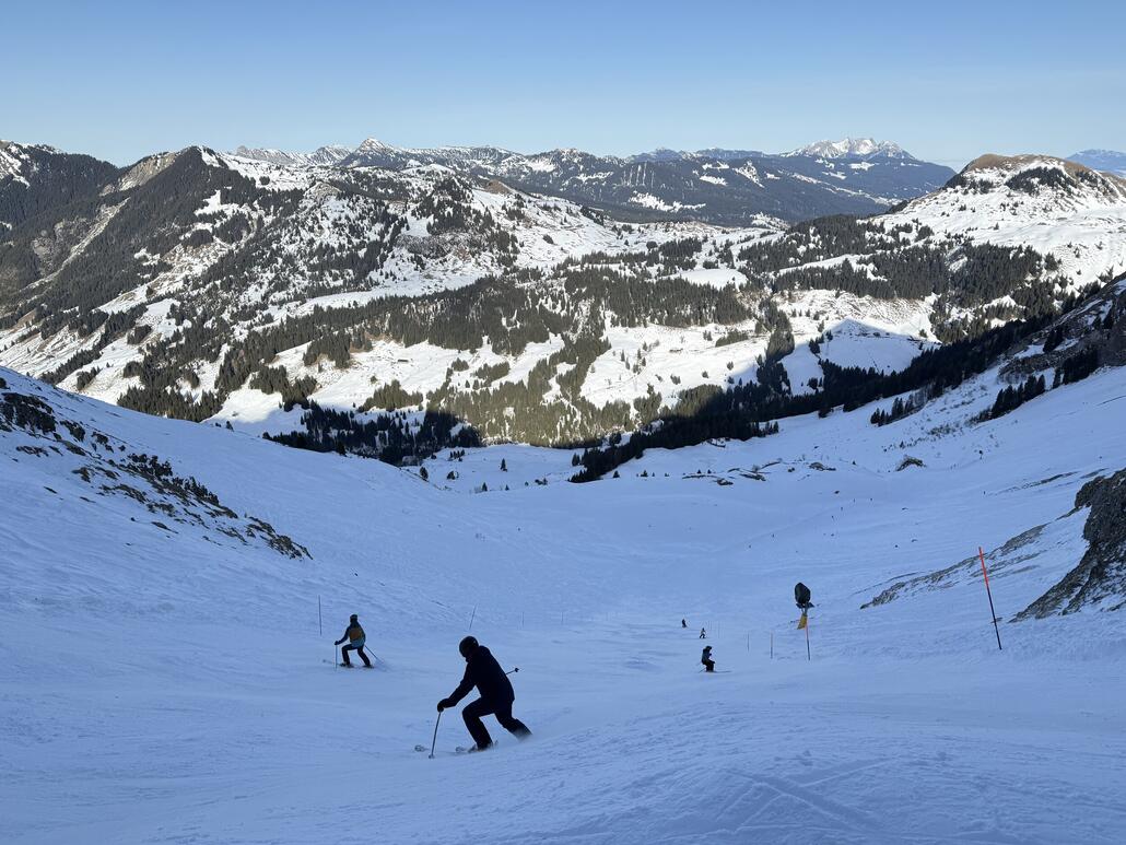 ...bis es hier auf einmal gefühlt mit 90° senkrecht hinunter geht. Ein bisschen eisig, darüber Pulverschnee. Cool, ein bisschen herausforderung mag ich!