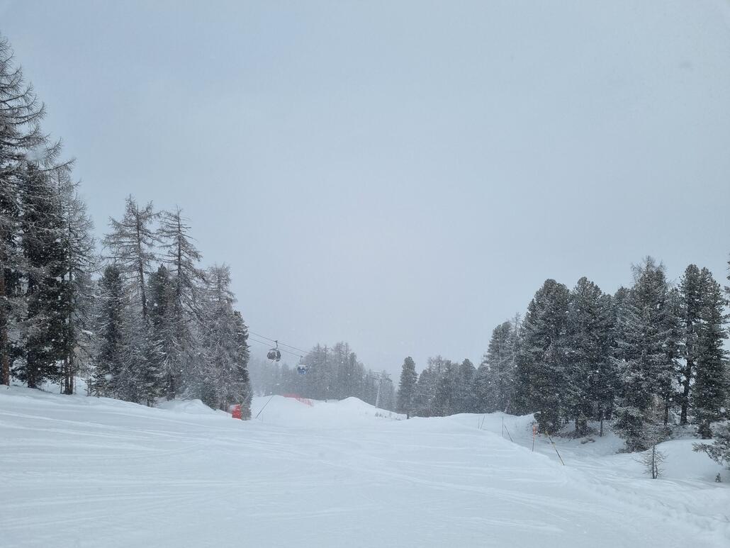 Pisten mit 5-10 cm Neuschneeauflage. Fast niemand da, daher auch bei der dritten Abfahrt noch fast unberührt.<br />Die Talabfahrt ist perfekt für solch ein Wetter da sie fast durchgehend durch den Wald verläuft und man die Gondel zum Aufwärmen hat